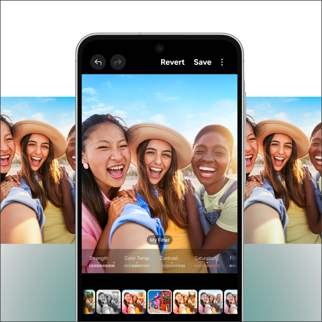 3 people having a selfie choosing filters