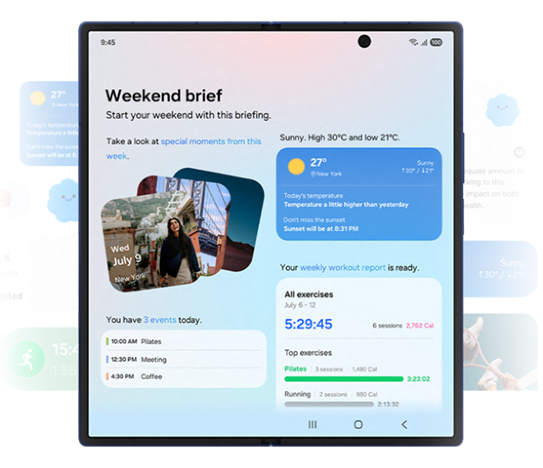 Multiple screenshots of the now brief feature, showing different summaries of weather, exercise reports, photos and calendar events