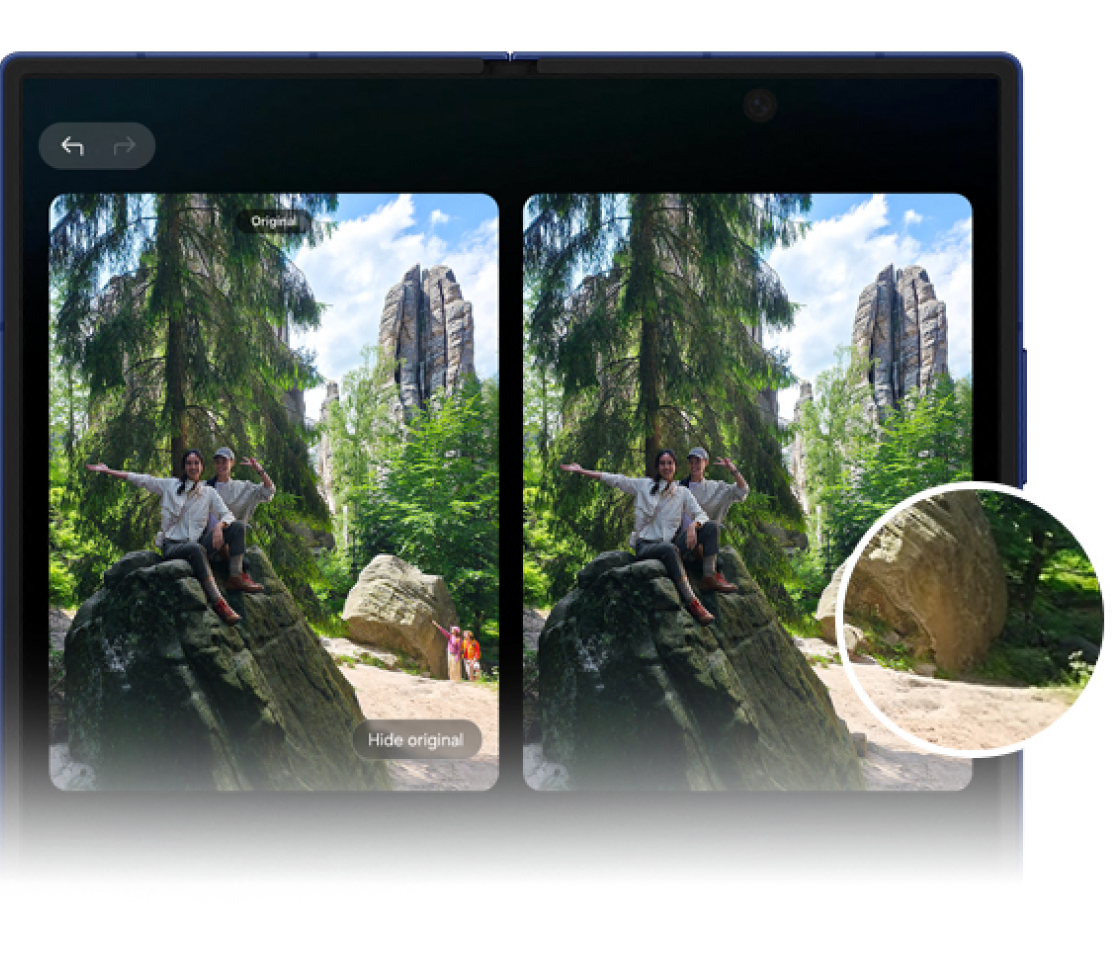 A screenshot of two photos on the fold7's large internal screen to highlight the object removal feature of Photo Assist