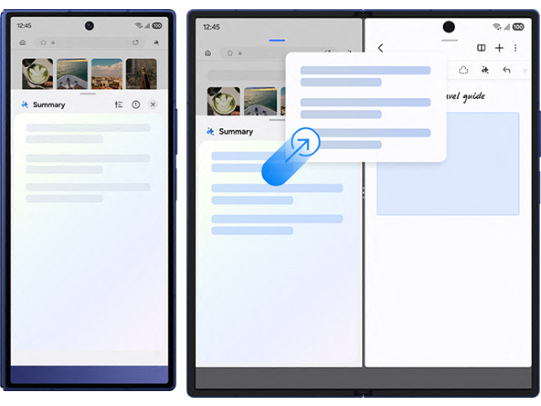 Multiple screenshots of the writing assist feature in action, showing a block of text with alternate suggestions