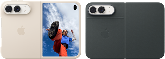 iPhone Duo, Star White colour in Sand Silicone Case, landscape orientation, fully opened horizontally, Dual Fusion cameras on the top left, case covers the back exterior and outer edge of the front display, right side features portrait of person on outer display. iPhone Duo, Star White colour, fully opened horizontally, Navy Blue Folio with Kickstand, fully opened horizontally, back exterior featuring the 48MP Dual Fusion rear cameras, two lenses