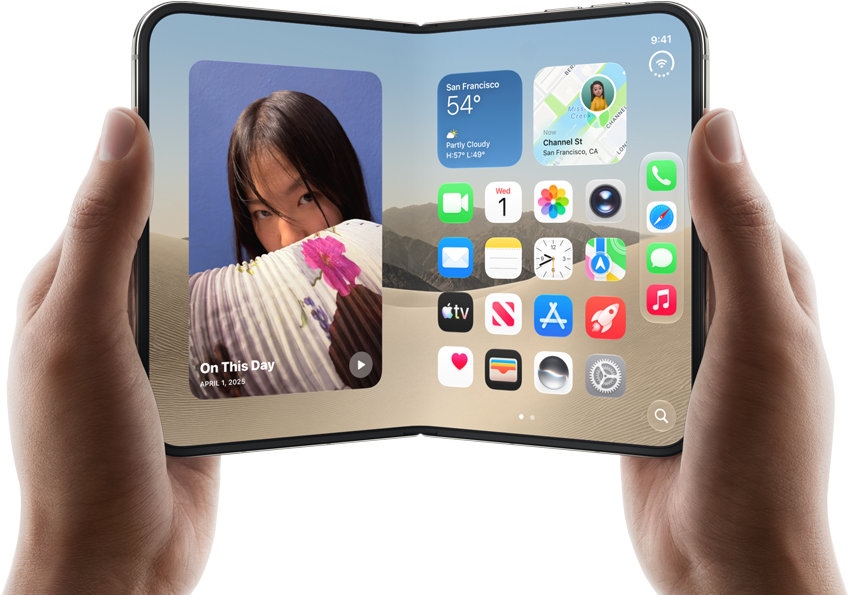 iPhone Duo, Star White colour, held by two hands in landscape orientation, unfolded, interior screen displays photos on the left, apps on the right