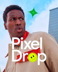 vibrant image featuring a person with short, dark hair wearing a light-colored jacket, with text overlay reading Pixel Drops