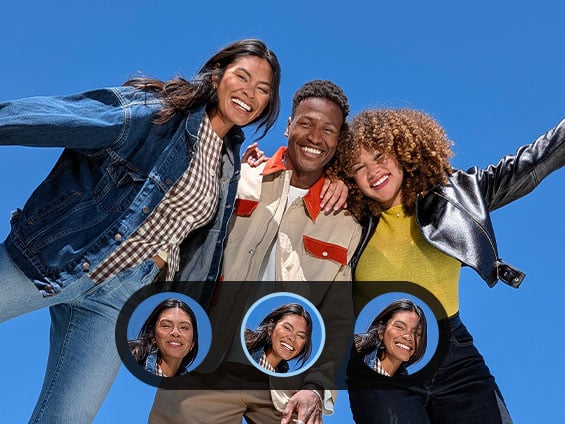 Image shows group of 3 people and how Pixel's camera feature Auto Best Take can improve the final image