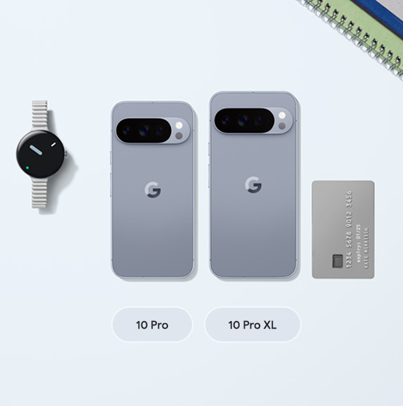 Image showing 2 sizes of Pixel 10 Pro, next to a Pixel Watch 3 and a credit card for size comparison