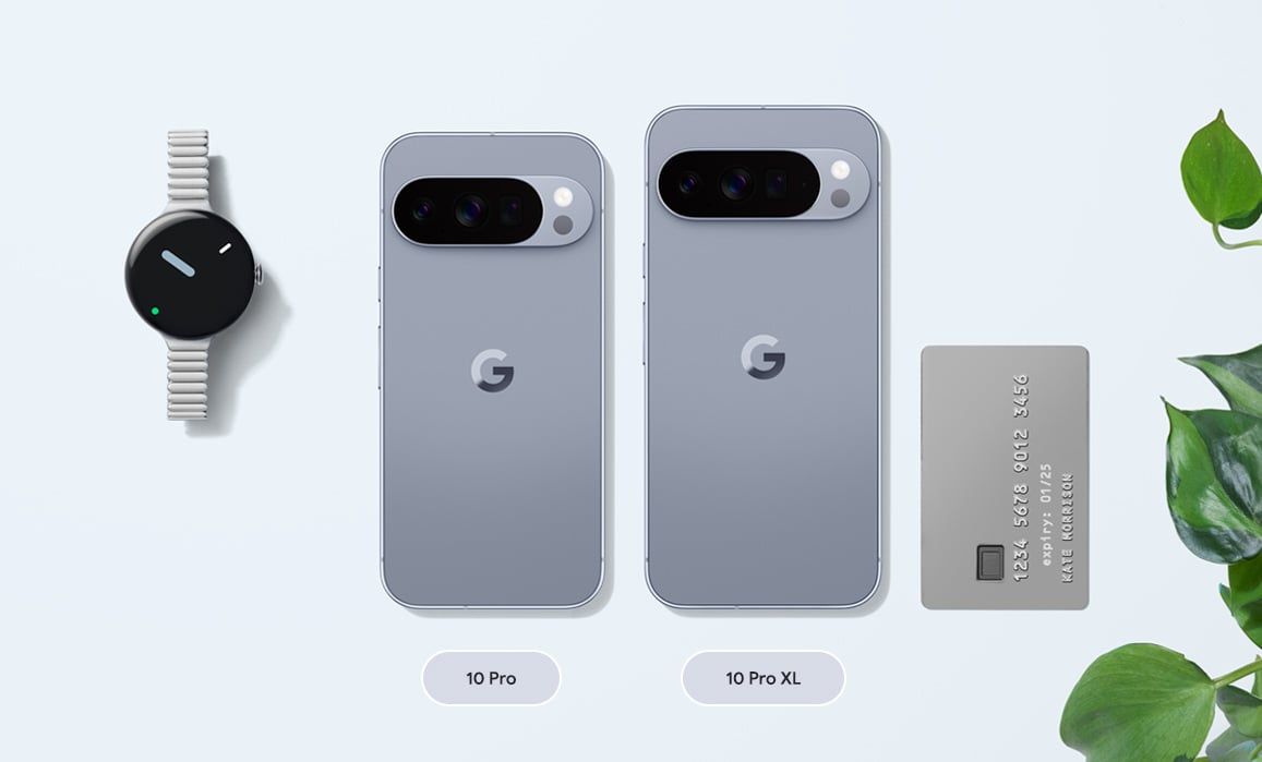 Image showing 2 sizes of Pixel 10 Pro, next to a Pixel Watch 3 and a credit card for size comparison
