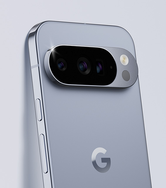 Google Pixel 10 Pro in Moonstone colour leaning on a wall