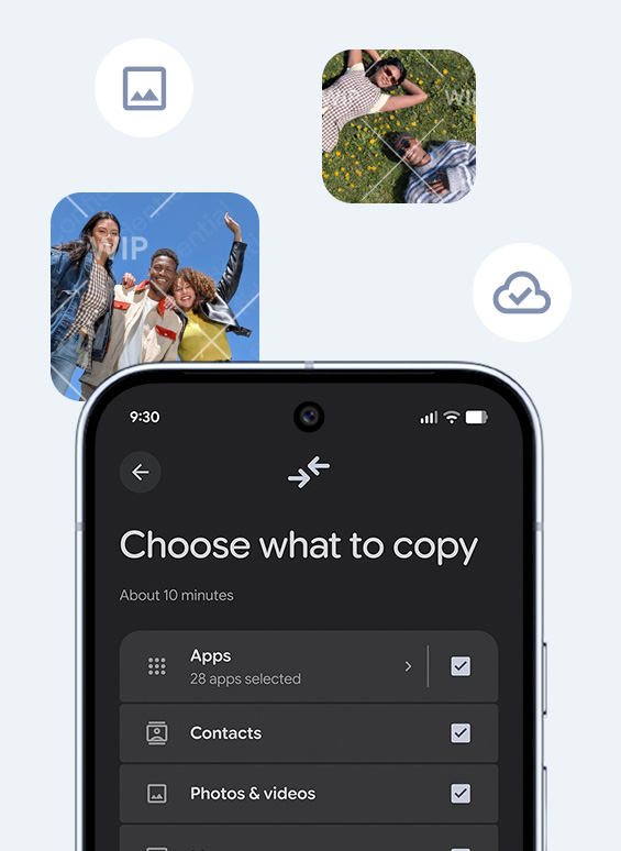 A smartphone screen showing data being selected for transfer, including apps, contacts, and photos