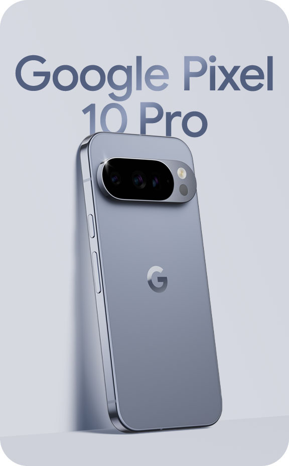 Google Pixel 10 Pro in Moonstone leaning against a wall