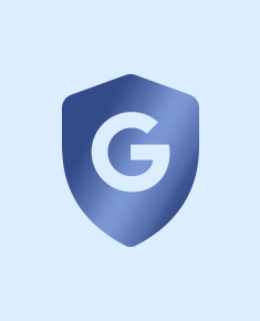 A simple, metallic blue shield representing Google's security or protection features