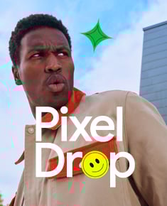 vibrant image featuring a man with short, dark hair and a surpised expression, with text overlay reading Pixel Drops