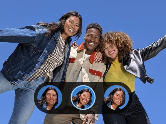 Image shows group of 3 people and how Pixel's camera feature Auto Best Take can improve the final image