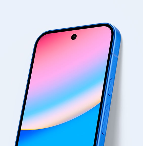 A Pixel 10 in indigo leaning on a wall with a colourful screen