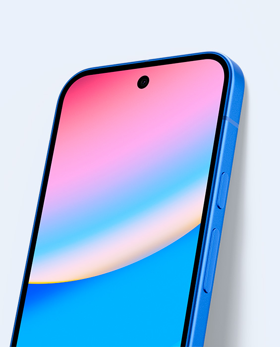 A Pixel 10 in indigo leaning on a wall with a colourful screen