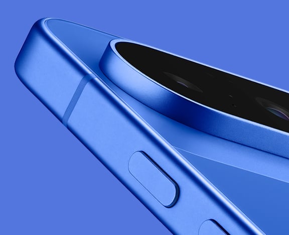 Close up of the Pixel 10 in Indigo highlighting the design of the phone