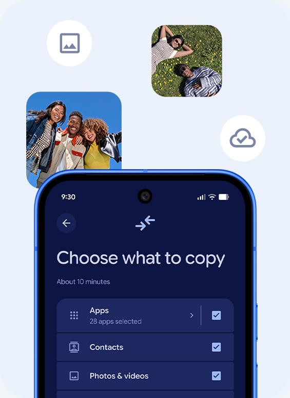 A smartphone screen showing data being selected for transfer, including apps, contacts, and photos