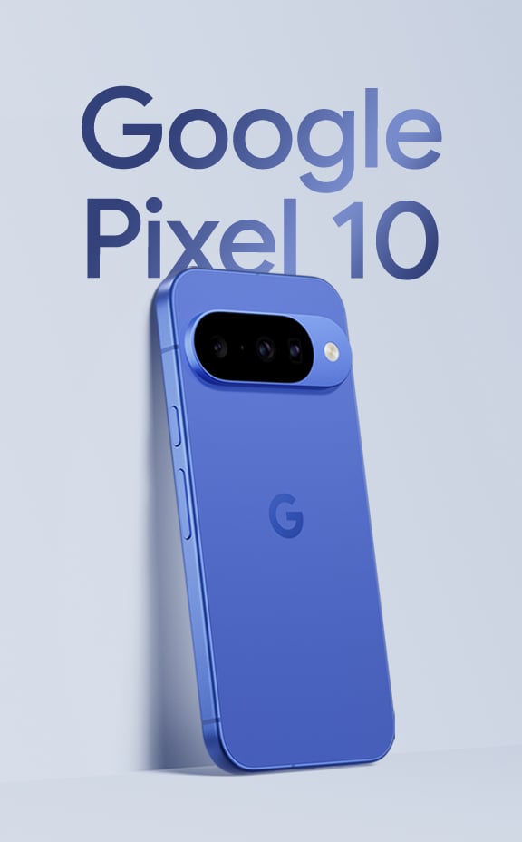 Google Pixel 10 in Indigo colour leaning against a wall 