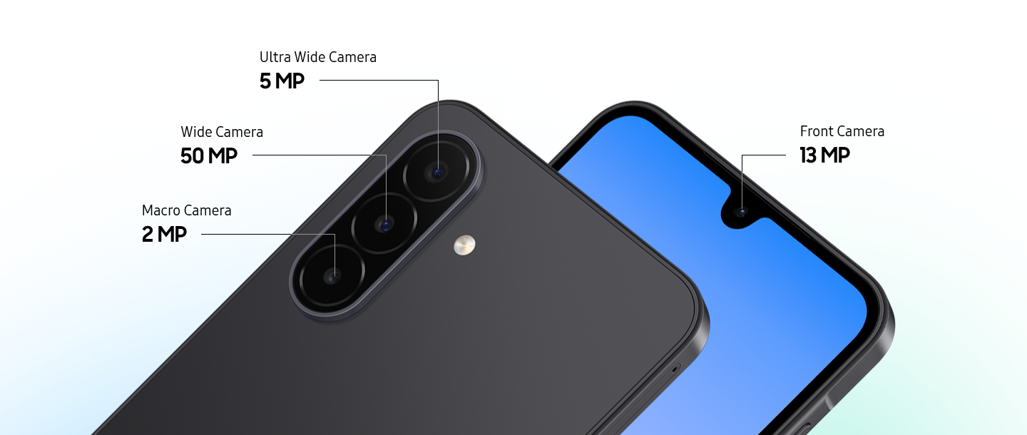 Close-up of the Triple Camera system on the back of Galaxy S26 FE in Pistachio with the Triple Camera lenses falling into place on the camera bump and a close-up of the Front Camera. Galaxy S26 FE is equipped with a 12 MP Ultra Wide Camera, 50 MP Wide-angle Camera and 8 MP Telephoto Camera on the back, and a 12 MP Selfie Camera.