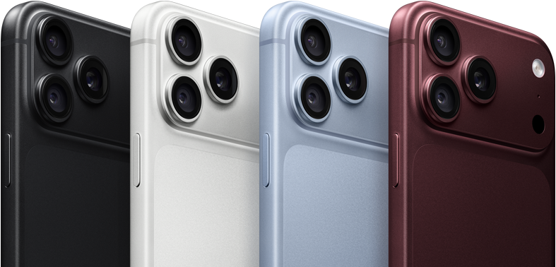 iPhone 18 Pro devices in a row, back exterior, all four colours: Burgundy, Glacier, Silver, Black, Pro Fusion camera system in top left corner, 3 lenses, microphone, flash