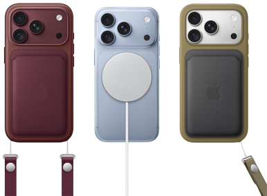 From left to right, iPhone 18 Pro in Burgundy leather case with Burgundy Crossbody Strap, middle iPhone 18 Pro in Glacier with White MagSafe charger attached, right iPhone 18 Pro in Silver in green leather wallet case with wrist strap