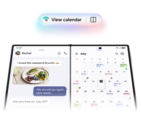 The Fold8 unfolded showing a split screen of a chat window on one and the calendar on the other.