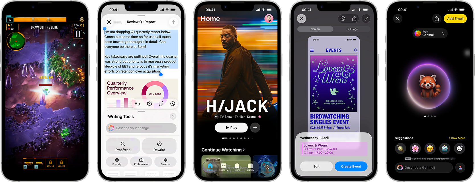 Side-by-side iPhone 17e devices showing different screens: a game being played, Writing Tools, Apple TV app, a calendar event being created, a Genmoji being created
