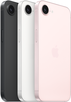 iPhone 17e, side and back exterior, black colour, side and back exterior, white colour, side and back exterior, soft pink colour, Fusion camera at top, side button