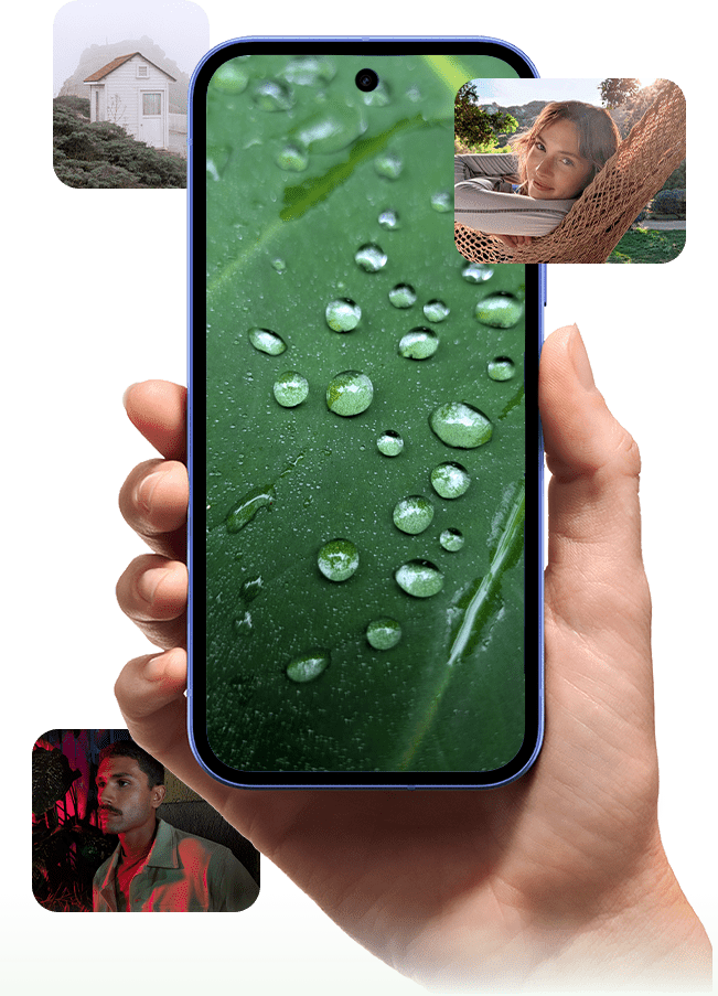 Outdoor lifestyle image of female looking at camera with sunlight in the background. Colour treated lifestyle image of male in red lighting at night. Abstract image of a macro close up of leaf with water droplets showcasing high definition photography. Long distance photograph of house exterior in misty weather conditions.